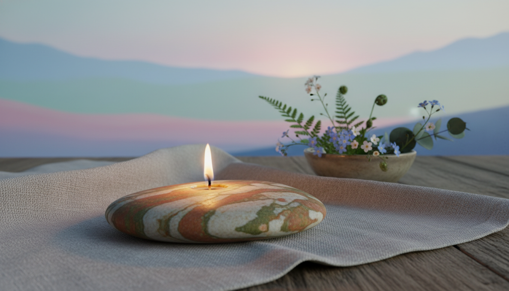 A tranquil setting featuring a smooth, polished stone and a lit candle as the focal points in the foreground. The stone, exhibiting earthy tones and intricate patterns, rests on a delicate fabric, symbolizing grounding and stability. The candle flickers softly, casting a warm golden glow that illuminates the scene and creates gentle shadows. In the middle ground, a subtle arrangement of lush greenery and delicate flowers enhances the theme of abundance. In the background, soothing pastel colors blend harmoniously, evoking a sense of calm and serenity, reminiscent of a peaceful nature setting. The overall mood is one of introspection and spiritual energy, inviting the viewer to feel connected and inspired. The lighting should be soft and inviting, like that of early morning or twilight, capturing a moment of stillness and reflection.
