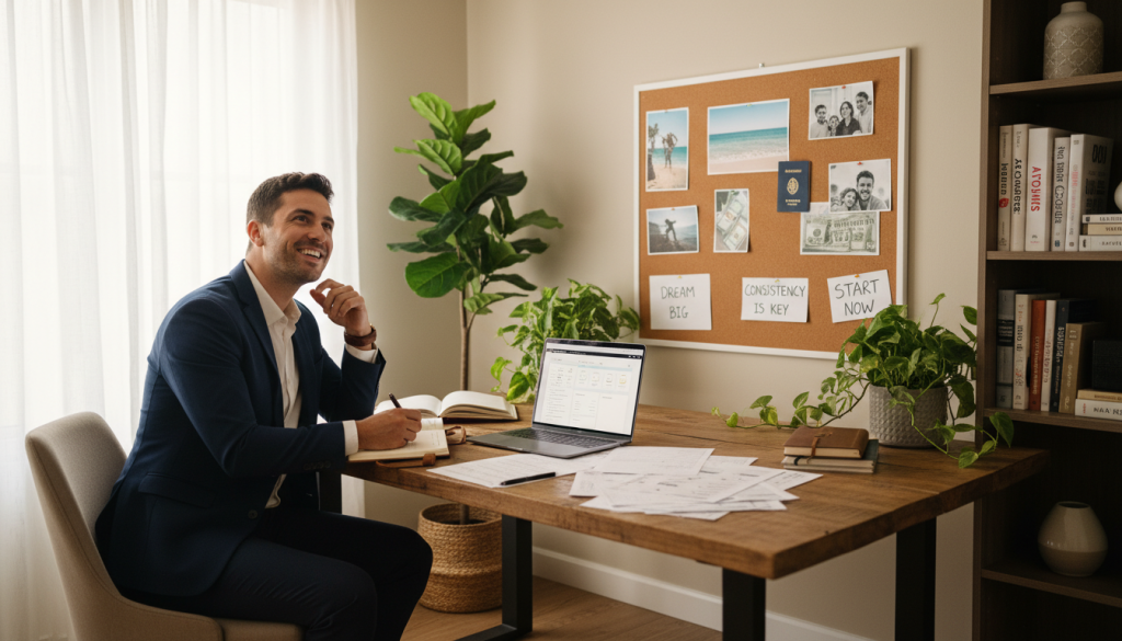 A tranquil workspace featuring a large wooden desk cluttered with papers, notebooks, and a laptop open to a goal-setting template. In the foreground, a focused individual in professional business attire is enthusiastically writing down their goals, with a thoughtful expression. In the middle, a vision board filled with inspiring images and motivational quotes hangs on the wall, surrounded by plants for a touch of nature. Soft light streams through a nearby window, creating a warm and inviting atmosphere that encourages creativity and clarity. In the background, a bookshelf filled with self-improvement books emphasizes the theme of personal growth and strategic planning. The overall mood is inspiring and productive, illustrating the process of effectively defining one’s goals.