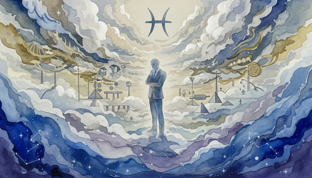 A vibrant and abstract representation of "mental dispersion" centered around the Pisces zodiac sign. In the foreground, swirling watercolors in shades of blue and purple depict the emotional depth associated with Pisces, with shimmering stars scattered throughout to symbolize dreams and aspirations. The middle layer features an ethereal figure in professional business attire, looking contemplative, seeming to navigate through a fog of ideas and challenges. The background is an atmospheric blend of soft clouds and swirling patterns, illustrating the complexities and obstacles that hinder abundance. The lighting is soft and slightly dramatic, creating a serene yet introspective mood, inviting viewers to reflect on their journey toward prosperity. The composition flows harmoniously, capturing the essence of Pisces and the theme of overcoming challenges.