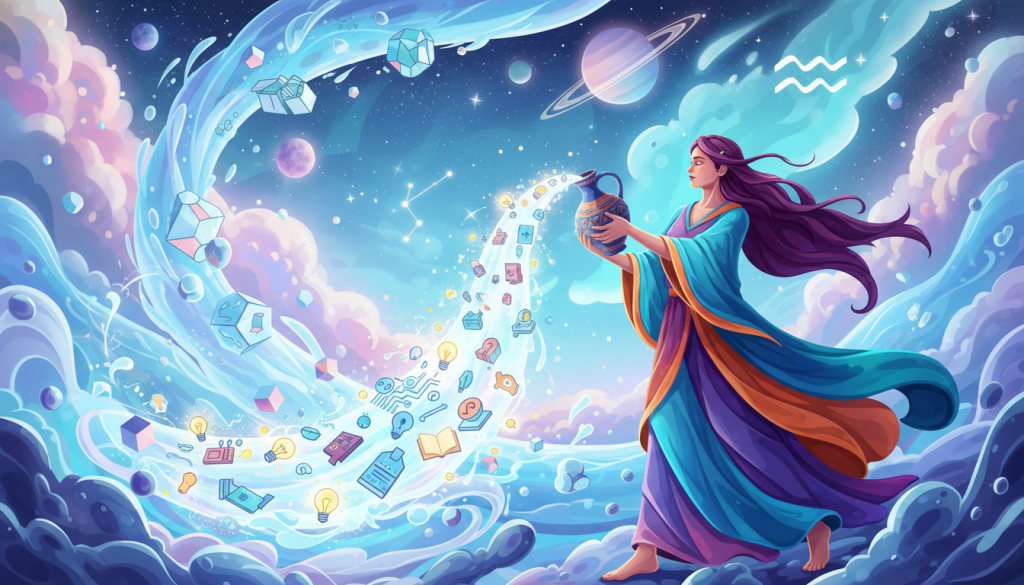 A vibrant and abstract representation of originality, symbolizing the zodiac sign Aquarius. Foreground features a stylized figure, dressed in colorful, flowing garments, holding an ornate water jug, pouring 'water' made of light and ideas. The middle ground depicts swirling elements of air and water, with geometric patterns illustrating creativity and change. In the background, a cosmic scene featuring stars and planets, adding a dreamlike quality. The lighting is ethereal, casting soft glows and shadows to enhance depth. Use a wide-angle lens effect for a dynamic perspective. The mood is inspiring and thought-provoking, capturing the essence of constant innovation and the quest for uniqueness associated with Aquarius. A vibrant and abstract representation of originality, symbolizing the zodiac sign Aquarius. Foreground features a stylized figure, dressed in colorful, flowing garments, holding an ornate water jug, pouring 'water' made of light and ideas. The middle ground depicts swirling elements of air and water, with geometric patterns illustrating creativity and change. In the background, a cosmic scene featuring stars and planets, adding a dreamlike quality. The lighting is ethereal, casting soft glows and shadows to enhance depth. Use a wide-angle lens effect for a dynamic perspective. The mood is inspiring and thought-provoking, capturing the essence of constant innovation and the quest for uniqueness associated with Aquarius.
