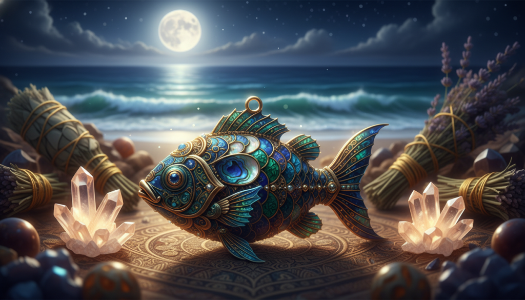 A vibrant and detailed illustration of a "pez amuleto," symbolizing spiritual protection and abundance. In the foreground, a beautifully crafted, shimmering fish amulet rests on a soft, textured surface, displaying intricate details and colorful patterns. The middle ground features softly glowing crystals and herbs, enhancing the magical atmosphere. In the background, a serene oceanic scene with gentle waves and a clear, starry night sky creates an ethereal feeling, accentuated by soft, ambient moonlight filtering through the scene. The image should have a slightly mystical and inviting mood, with a warm color palette of rich blues, greens, and hints of gold. Use a shallow depth of field to focus on the amulet, creating a dreamy and enchanting ambiance, shot from a slightly elevated angle.