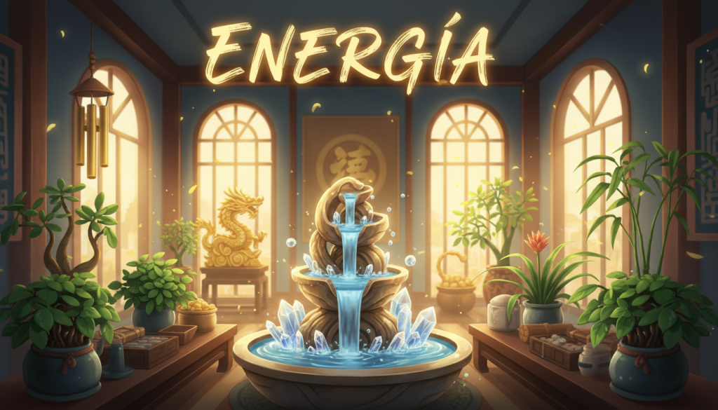 A vibrant and dynamic illustration of "energía" as a visual representation of prosperity and wealth, set within a harmonious feng shui environment. In the foreground, a tranquil indoor space features a well-arranged table adorned with lush green plants symbolizing growth and abundance. The middle ground includes a decorative water fountain flowing gently, surrounded by glimmering crystals that reflect light, creating a sense of movement and vitality. In the background, light filters through large windows, casting soft, warm rays across the room, enhancing the golden hues of the decor. The overall atmosphere is serene and inviting, exuding positivity and abundance, with a focus on balance and prosperity. The composition uses a wide-angle lens to capture the beauty and depth of the space, with gentle shadows to add dimension.