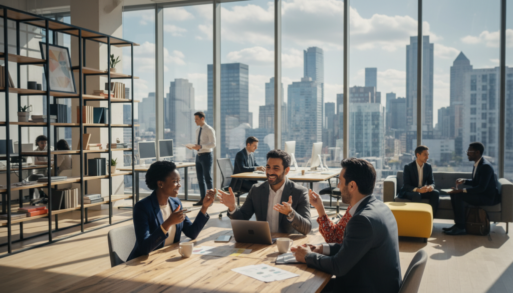 A vibrant and dynamic office environment filled with diverse professionals collaborating. In the foreground, a group of three individuals—a Black woman in a smart blazer, a Middle-Eastern man in a tailored suit, and a Hispanic woman in a chic blouse—are engaged in a discussion around a conference table, showcasing excitement and enthusiasm. The middle layer features a modern, sleek office space with large windows allowing natural light to spill into the room, casting soft shadows, while a bookshelf filled with business books adds depth. In the background, a city skyline is visible through the glass, suggesting opportunity and growth. The overall atmosphere is one of positivity and teamwork, highlighting the importance of professional relationships in achieving success. Adjust the angle to capture the action from a slightly elevated perspective, enhancing the sense of collaboration.