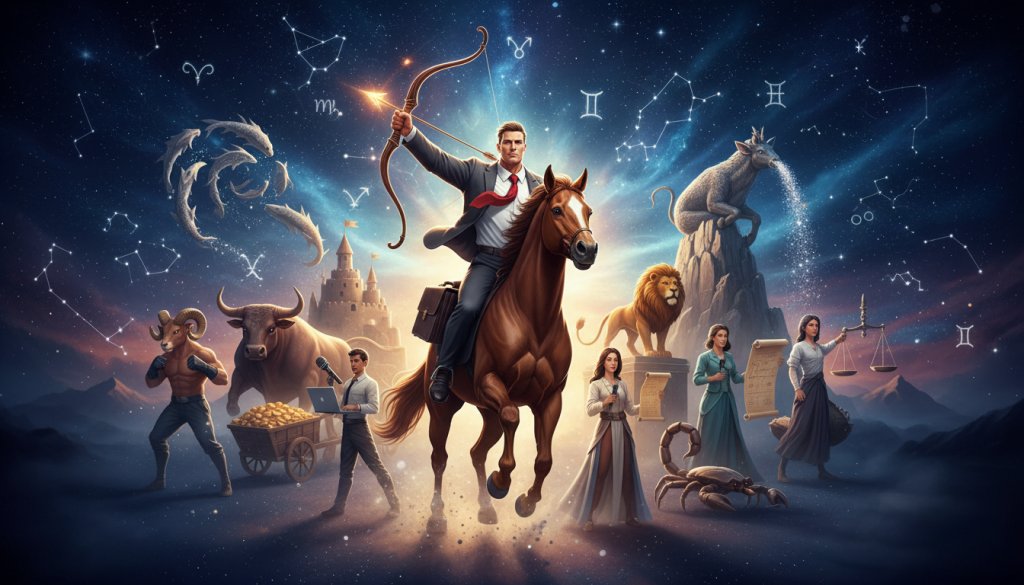 A vibrant and dynamic representation of ambition, featuring a majestic, galloping centaur embodying the sign of Sagittarius in the foreground, dressed in professional business attire. The centaur exudes confidence, holding a bow high with arrows symbolizing goals and dreams. In the middle ground, a diverse group of zodiac symbols, each representing different astrological signs, stands together, showcasing a variety of expressions and postures that reflect their individual levels of ambition. The background reveals a starry night sky filled with constellations, set against an ethereal glow, symbolizing endless possibilities. Soft, ambient lighting highlights the centaur and the zodiac symbols, creating a motivational atmosphere filled with aspiration and determination. The perspective is slightly elevated, capturing the grandeur of the scene while evoking a sense of progress and achievement.