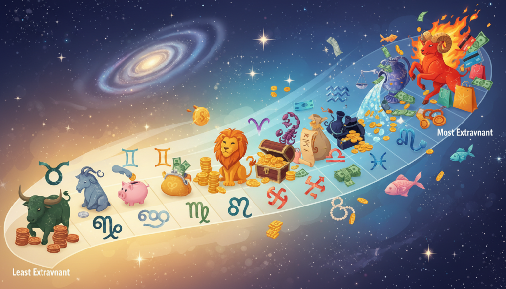 A vibrant and engaging illustration depicting a ranking of zodiac signs based on their spending habits. In the foreground, a visually striking chart or scale shows each zodiac symbol, such as Aries, Taurus, and Sagittarius, arranged from least to most extravagant spender. Each symbol is creatively designed, with unique colors and patterns representing their personalities. In the middle ground, subtle elements like coins, bills, and shopping bags hint at financial themes. The background features a celestial sky filled with sparkling stars, enhancing the astrological theme. The lighting is bright and cheerful, suggesting positivity and excitement around the topic. The overall atmosphere is lively and informative, perfect for capturing the audience’s attention without any text or distractions.