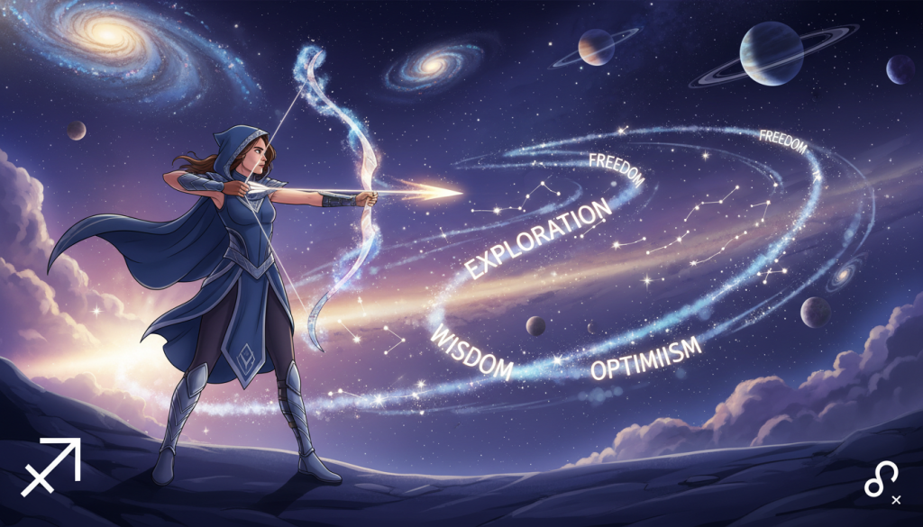 A vibrant and engaging scene showcasing a Sagittarius symbol (the archer) integrated into a cosmic landscape. Foreground: A Sagittarius glyph artistically represented by a skilled archer drawn in elegant motion, aiming an arrow, dressed in a contemporary but modest outfit. Middle ground: Ethereal wisps of light and stars that twinkle, with flowing constellations highlighting Sagittarius traits. Background: A vast night sky filled with swirling galaxies and distant planets, creating a sense of wonder and adventure. The lighting is soft yet illuminating, casting a tranquil glow over the scene, evoking feelings of romance and aspiration. The angle is slightly above the archer, adding a dynamic perspective. The overall mood is harmonious, balanced between challenge and optimism.
