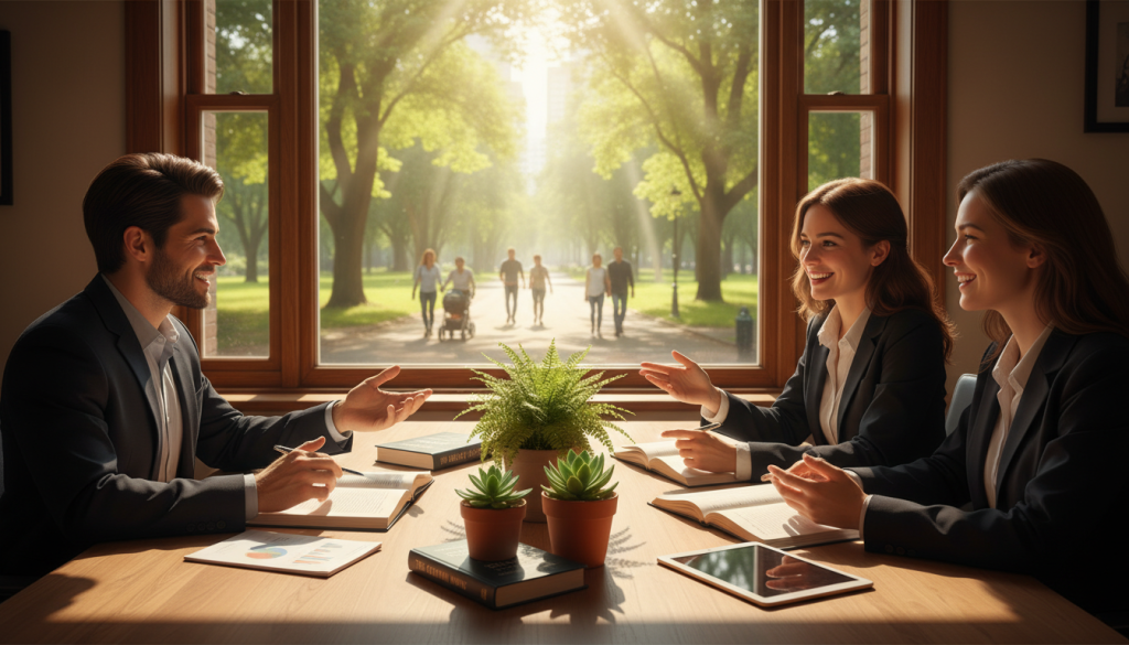 A vibrant and harmonious scene capturing the essence of relationships and personal growth. In the foreground, a diverse group of three individuals, dressed in professional business attire, engage in a collaborative discussion around a table adorned with plants and open books, symbolizing knowledge and connection. In the middle ground, a large window reveals a serene park outside, with sunlight filtering through the leaves, representing the nurturing environment that fosters growth. In the background, subtle silhouettes of people enjoying nature reflect supportive relationships. The lighting is warm and inviting, enhancing a sense of optimism and collaboration. The mood is inspiring, emphasizing the transformative power of relationships on one’s journey towards success.