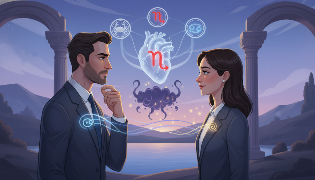 A vibrant and insightful illustration representing emotional compatibility in relationships, focusing on Scorpio's emotional dynamics with jealousy. The foreground features two stylized figures in professional attire, engaged in a thoughtful conversation, their expressions reflecting deep understanding and emotional connection. In the middle ground, symbols of the zodiac signs are artfully integrated, representing Scorpio alongside its compatible signs like Cancer and Pisces. The background showcases a serene, softly lit environment with a calming color palette of blues and purples, creating an atmosphere of introspection and emotional depth. The lighting is warm and inviting, casting gentle shadows that enhance the mood of connection and empathy, shot from a slight angle to convey dynamism in their interaction.