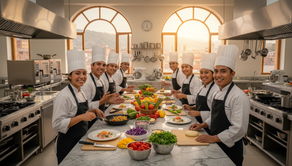 A vibrant and inviting scene of Escuela de Gastronomía Pachacútec, showcasing a modern culinary school setting. In the foreground, a group of multicultural students in professional culinary attire is actively engaged in cooking demonstrations, enthusiastically preparing colorful dishes. The middle ground features a contemporary kitchen space filled with gleaming stainless steel appliances and fresh ingredients, emphasizing a hands-on learning environment. In the background, large windows let in warm, natural light, creating an uplifting atmosphere filled with the aromas of various foods. The overall mood is one of excitement and dedication to gastronomy, highlighting the commitment to social responsibility and the development of new culinary talents. The image should be well-lit and captured with a slight depth of field to focus on the students while softly blurring the background.