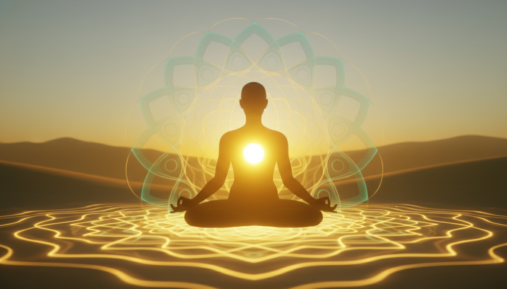 A vibrant and serene depiction of the solar plexus chakra, glowing with a radiant yellow and gold energy at the center of a silhouette of a meditating figure. In the foreground, the figure is surrounded by soft waves of light, symbolizing energy flow. The middle layer includes flowing patterns representing balance and inner strength, with subtle hints of green and blue to evoke a calming atmosphere. In the background, a tranquil landscape of gentle hills and a clear sky bathed in warm sunlight creates a harmonious setting. The overall mood is uplifting and peaceful, with a focus on stability and energy balance. Soft, diffuse lighting enhances the ethereal feel, while a slightly elevated angle gives depth to the scene, inviting viewers to immerse themselves in the experience.