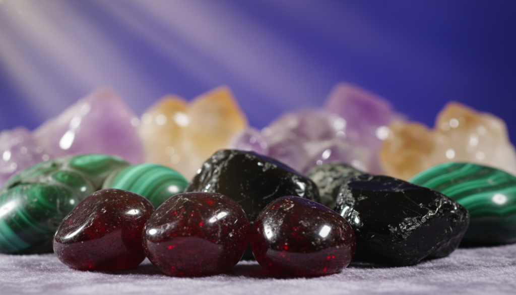 A vibrant arrangement of assorted gemstones representing Scorpio's zodiac energy, displayed on a softly textured surface. In the foreground, prominently feature deep red garnets, rich black obsidian, and shimmering malachite, reflecting light with their unique facets. The middle ground showcases softly blurred clusters of amethyst and citrine, adding depth and dimension to the composition. In the background, a gentle gradient of soft purples and blues enhances the mystical atmosphere, while ethereal light filters through, creating a radiant glow around the crystals. The composition should evoke a sense of strength and protection, with a harmonious balance of color and light, inviting the viewer to explore the spiritual properties of these stones. Utilize soft focus and a macro lens effect to emphasize the textures and details of each gemstone, creating a captivating and serene visual experience. A vibrant arrangement of assorted gemstones representing Scorpio's zodiac energy, displayed on a softly textured surface. In the foreground, prominently feature deep red garnets, rich black obsidian, and shimmering malachite, reflecting light with their unique facets. The middle ground showcases softly blurred clusters of amethyst and citrine, adding depth and dimension to the composition. In the background, a gentle gradient of soft purples and blues enhances the mystical atmosphere, while ethereal light filters through, creating a radiant glow around the crystals. The composition should evoke a sense of strength and protection, with a harmonious balance of color and light, inviting the viewer to explore the spiritual properties of these stones. Utilize soft focus and a macro lens effect to emphasize the textures and details of each gemstone, creating a captivating and serene visual experience.