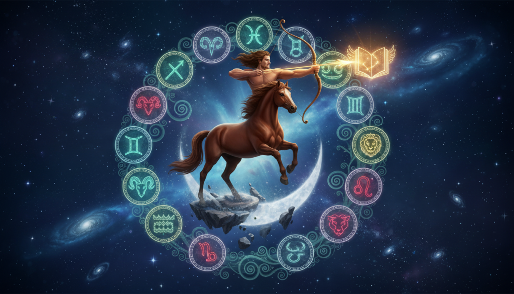 A vibrant astrological scene featuring the Sagittarius symbol, represented by a majestic centaur archer poised against a starry backdrop. In the foreground, the centaur is aiming an arrow towards a glowing constellation, embodying adventure and optimism. The middle layer showcases various zodiac signs softly illuminated, such as Gemini, Aries, and Leo, interspersed with ethereal vines and celestial motifs that symbolize compatibility. The background is a deep, midnight blue sky filled with twinkling stars, creating a sense of magic and wonder. Soft, diffused lighting highlights the elements, casting gentle shadows to enhance depth. The mood is harmonious and energetic, inviting viewers into the world of astrological connections. The image is beautifully balanced, with no text or distractions.