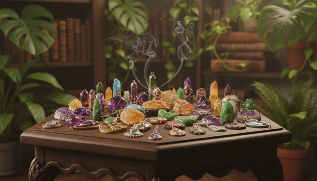 A vibrant collection of energy amulets displayed on an ornate wooden table, glimmering under warm, soft lighting. In the foreground, a variety of beautifully crafted talismans made from crystals like amethyst, citrine, and jade, each radiating unique colors and patterns. In the middle ground, incense smoke delicately swirls, enhancing the mystical ambiance. In the background, a softly blurred array of lush greenery and shelves lined with spiritual books creates an inviting atmosphere of tranquility. The scene is captured from a slightly elevated angle, giving a sense of depth, as if inviting the viewer to explore further. The mood is serene and uplifting, embodying a sense of peace and spiritual awakening. A vibrant collection of energy amulets displayed on an ornate wooden table, glimmering under warm, soft lighting. In the foreground, a variety of beautifully crafted talismans made from crystals like amethyst, citrine, and jade, each radiating unique colors and patterns. In the middle ground, incense smoke delicately swirls, enhancing the mystical ambiance. In the background, a softly blurred array of lush greenery and shelves lined with spiritual books creates an inviting atmosphere of tranquility. The scene is captured from a slightly elevated angle, giving a sense of depth, as if inviting the viewer to explore further. The mood is serene and uplifting, embodying a sense of peace and spiritual awakening.