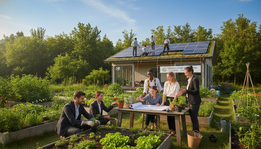 A vibrant community garden scene illustrating environmental social projects. In the foreground, diverse individuals in business casual attire collaborate passionately—some planting herbs and vegetables, while others discuss plans at a table. In the middle ground, a group is installing solar panels on a building, showcasing eco-friendly technology. The background features lush trees and a clear blue sky, emphasizing a sustainable and harmonious environment. Soft, warm lighting casts gentle shadows, creating a welcoming atmosphere. The composition should be vibrant yet professional, capturing the essence of community and entrepreneurship focused on environmental impact.