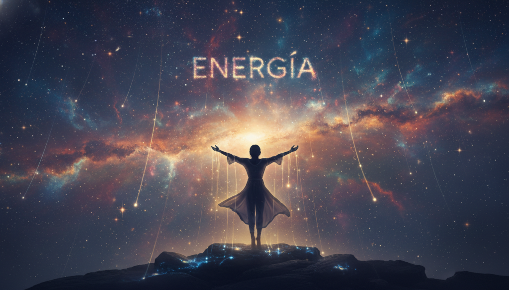 A vibrant cosmic scene representing "energía," featuring a radiant celestial backdrop filled with swirling galaxies, sparkling stars, and glowing nebulae in rich hues of blue, purple, and gold. In the foreground, a silhouette of a person dressed in modest, flowing attire stands with arms outstretched, absorbing the energy from the cosmos above. Their posture is grounded yet uplifted, symbolizing alignment with universal forces. Soft beams of light cascade down, illuminating the figure and creating a sense of movement and vitality. The atmosphere is serene, encouraging a meditative state, with a gentle ethereal glow enveloping the scene. The image is captured using a wide-angle lens, creating a dynamic perspective that emphasizes both the individual and the expansive cosmos.