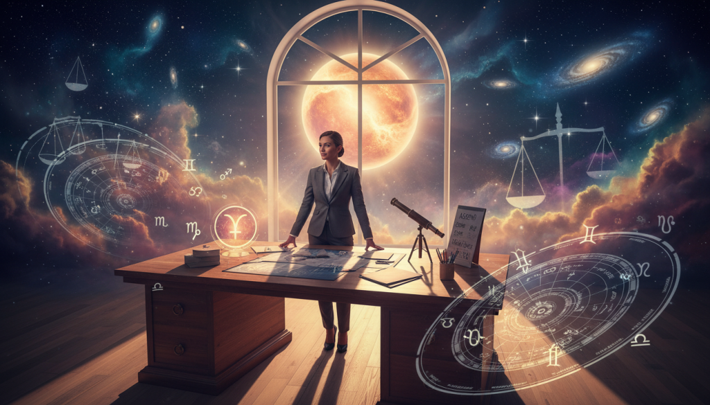A vibrant, cosmic-themed scene showcasing the influence of Venus on personal ambitions. In the foreground, a confident individual in professional attire stands poised at a large desk, surrounded by astrological symbols and personal goal charts. The middle ground features a celestial view of Venus, glowing softly amidst a backdrop of twinkling stars and swirling galaxies, symbolizing aspiration and dreams. The background reveals subtle representations of Libra symbols, harmonizing scales, indicating balance and ambition. The lighting casts a warm, uplifting glow, creating a sense of inspiration and hope. The atmosphere is magical yet professional, inviting reflection on the pursuit of personal goals influenced by Venus. The composition is shot at a slight angle, adding depth and focus to the scene. A vibrant, cosmic-themed scene showcasing the influence of Venus on personal ambitions. In the foreground, a confident individual in professional attire stands poised at a large desk, surrounded by astrological symbols and personal goal charts. The middle ground features a celestial view of Venus, glowing softly amidst a backdrop of twinkling stars and swirling galaxies, symbolizing aspiration and dreams. The background reveals subtle representations of Libra symbols, harmonizing scales, indicating balance and ambition. The lighting casts a warm, uplifting glow, creating a sense of inspiration and hope. The atmosphere is magical yet professional, inviting reflection on the pursuit of personal goals influenced by Venus. The composition is shot at a slight angle, adding depth and focus to the scene.