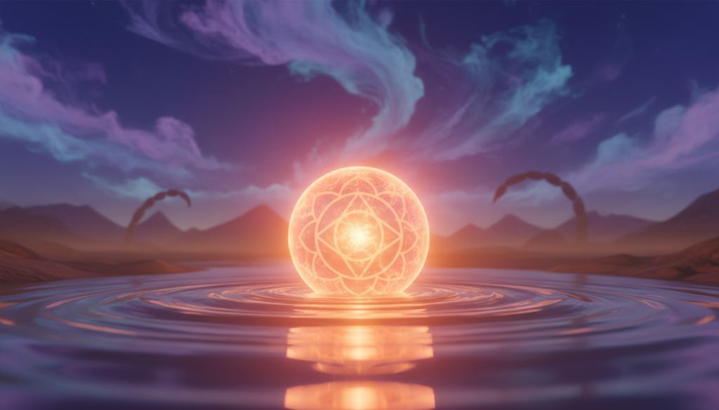 A vibrant depiction of the sacral chakra, visually representing its association with Scorpio energy. In the foreground, a glowing orange orb represents the chakra, radiating warmth and energy. The middle ground features flowing water, symbolizing emotions and creativity, with subtle waves reflecting hues of orange and coral. In the background, a mystical landscape unfolds, with deep indigo skies and ethereal wisps of vapor, suggesting transformation and fluidity. Soft, ambient lighting casts a warm glow, enhancing the sense of balance and harmony. The overall mood evokes inspiration, serenity, and empowerment, inviting viewers to connect with their inner energy while exploring their dominant Scorpio chakra. The composition is balanced, focusing on the chakra's vibrant energy without any text or distractions. A vibrant depiction of the sacral chakra, visually representing its association with Scorpio energy. In the foreground, a glowing orange orb represents the chakra, radiating warmth and energy. The middle ground features flowing water, symbolizing emotions and creativity, with subtle waves reflecting hues of orange and coral. In the background, a mystical landscape unfolds, with deep indigo skies and ethereal wisps of vapor, suggesting transformation and fluidity. Soft, ambient lighting casts a warm glow, enhancing the sense of balance and harmony. The overall mood evokes inspiration, serenity, and empowerment, inviting viewers to connect with their inner energy while exploring their dominant Scorpio chakra. The composition is balanced, focusing on the chakra's vibrant energy without any text or distractions.