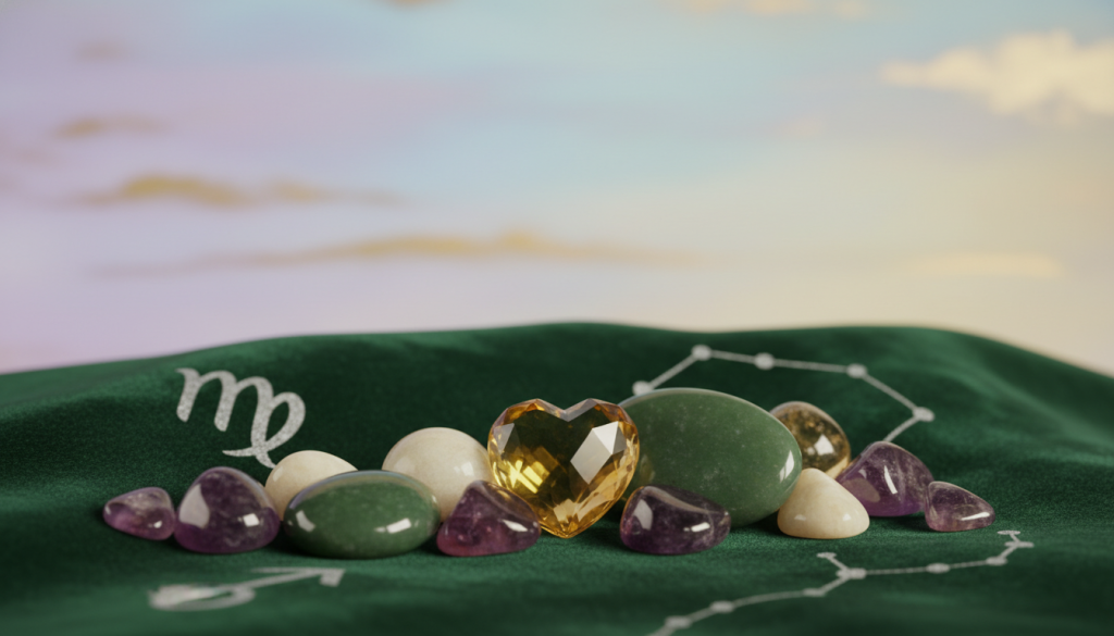 A vibrant display of zodiac crystals associated with Virgo, featuring polished amethysts, green jade, and citrine arranged elegantly on a soft velvet cloth. In the foreground, the crystals glisten under warm, diffused lighting, showcasing their unique facets and colors. The middle ground includes subtle astrological symbols and a faint constellation map representing Virgo. In the background, a serene abstract landscape with ethereal clouds and soft hues, creating a calming, spiritual atmosphere. The composition conveys tranquility and holistic wellness, inviting viewers to connect with the protective energy of these crystals. The lens captures a close-up angle to emphasize the beauty and clarity of the stones, enhancing the nurturing vibe of the scene. A vibrant display of zodiac crystals associated with Virgo, featuring polished amethysts, green jade, and citrine arranged elegantly on a soft velvet cloth. In the foreground, the crystals glisten under warm, diffused lighting, showcasing their unique facets and colors. The middle ground includes subtle astrological symbols and a faint constellation map representing Virgo. In the background, a serene abstract landscape with ethereal clouds and soft hues, creating a calming, spiritual atmosphere. The composition conveys tranquility and holistic wellness, inviting viewers to connect with the protective energy of these crystals. The lens captures a close-up angle to emphasize the beauty and clarity of the stones, enhancing the nurturing vibe of the scene.