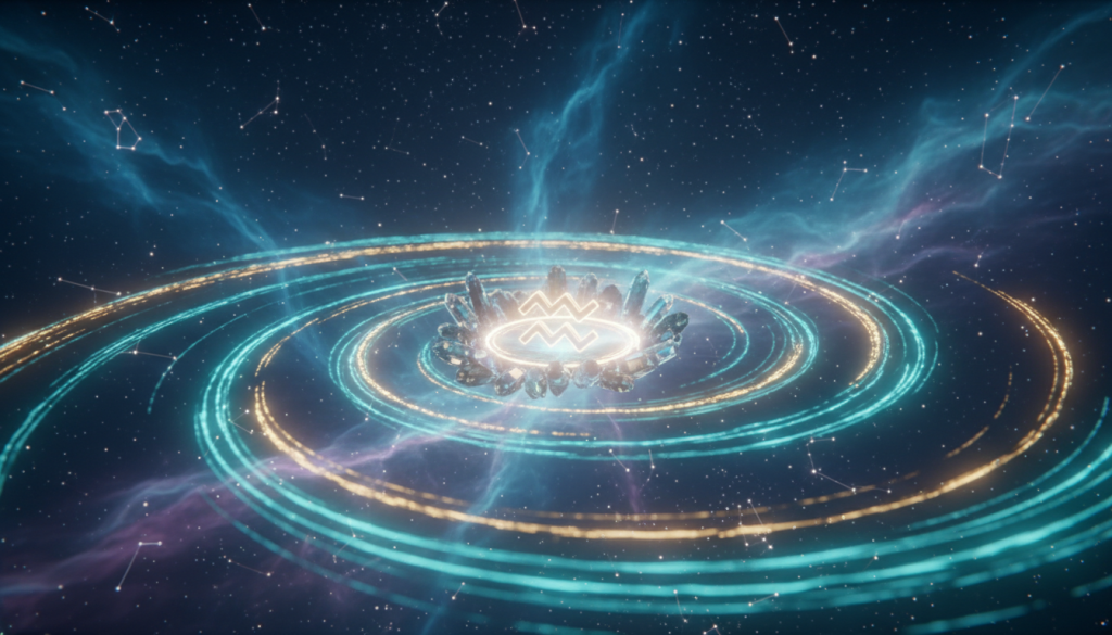 A vibrant, ethereal representation of "energía" set in a mystical, cosmic environment. In the foreground, swirling beams of light in shades of aqua and gold radiate outward, symbolizing prosperity and positive energy. In the middle, a serene aquarius symbol surrounded by shimmering crystals emits a warm glow, enhancing the ritualistic theme. The background features a celestial night sky filled with twinkling stars and soft, flowing nebula clouds in deep blues and purples, creating a sense of depth and wonder. The lighting is soft yet dynamic, casting gentle reflections among the crystals. Capture an uplifting, harmonious atmosphere, evoking feelings of abundance and spiritual awakening. The scene should be vibrant and visually striking, inviting viewers to connect with the essence of energy.