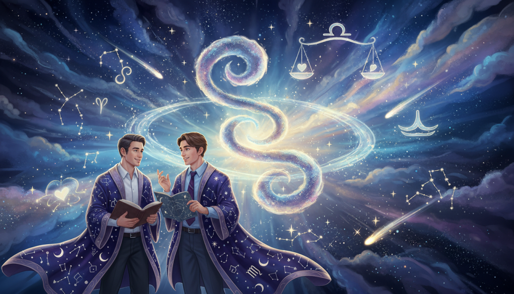 A vibrant illustration depicting astrological compatibility between Gemini and other zodiac signs, set in an ethereal, dreamlike environment. In the foreground, two stylized representations of Gemini, adorned with celestial motifs, engage in a friendly conversation, wearing professional attire. The middle ground features symbolic representations of compatible signs like Libra and Aquarius, gracefully intertwined with stars and constellations. The background is a soft, swirling nebula with shimmering lights, creating a mystical ambiance. Soft, diffused lighting casts gentle reflections, enhancing a sense of harmony and connection. Use a wide angle to capture the interconnectedness of the elements, evoking a warm, inviting atmosphere centered around love and mutual understanding. A vibrant illustration depicting astrological compatibility between Gemini and other zodiac signs, set in an ethereal, dreamlike environment. In the foreground, two stylized representations of Gemini, adorned with celestial motifs, engage in a friendly conversation, wearing professional attire. The middle ground features symbolic representations of compatible signs like Libra and Aquarius, gracefully intertwined with stars and constellations. The background is a soft, swirling nebula with shimmering lights, creating a mystical ambiance. Soft, diffused lighting casts gentle reflections, enhancing a sense of harmony and connection. Use a wide angle to capture the interconnectedness of the elements, evoking a warm, inviting atmosphere centered around love and mutual understanding.