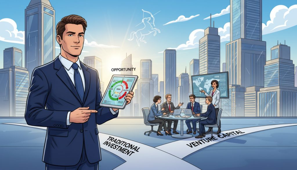 A vibrant illustration depicting the zodiac sign Sagittarius represented by a confident individual in professional business attire, standing at a financial crossroads. In the foreground, they are analyzing a colorful chart displaying various financial risks and opportunities. In the middle ground, a group of diverse people collaborate around a table, discussing strategies with open laptops and papers scattered. The background features a modern cityscape, symbolizing growth and ambition, under a clear blue sky. Soft, warm lighting highlights the determination and focus of the individuals. The atmosphere is energetic and positive, embodying Sagittarius' adventurous spirit while addressing financial risk management. The angle of the view captures both the subject and the collaborative environment, emphasizing teamwork and strategic planning.