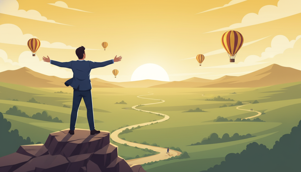 A vibrant illustration representing "freedom and adventure" in a business context. In the foreground, a confident individual in smart casual attire stands atop a rocky cliff, arms outstretched towards a vast open landscape symbolizing limitless possibilities. The middle ground features a winding path leading through a lush valley, dotted with inspirational symbols like hot air balloons and adventurous trails. In the background, a stunning sunset casts golden hues across the sky, creating a warm, optimistic atmosphere. The scene is bathed in soft, natural lighting, emphasizing a feeling of hope and entrepreneurship. Capture the essence of exploration and the spirit of innovation, inviting viewers to embrace their entrepreneurial journey.