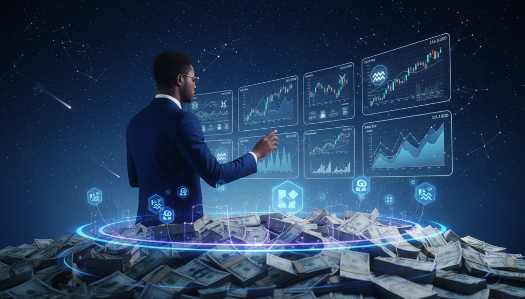 A vibrant representation of "dinero," focusing on innovative finance themes related to the Aquarius zodiac sign. In the foreground, showcase a stack of colorful banknotes intertwined with glowing, futuristic digital currency symbols. The middle ground features a sophisticated businessperson in professional attire, analyzing financial graphs projected in holographic displays. The background consists of a celestial night sky filled with stars and constellations, emphasizing creativity and innovation. Soft, ambient lighting bathes the scene, creating a dynamic and optimistic atmosphere. Use a wide-angle lens to capture the depth and richness of the surrounding elements, highlighting the essence of prosperity and forward-thinking. A vibrant representation of "dinero," focusing on innovative finance themes related to the Aquarius zodiac sign. In the foreground, showcase a stack of colorful banknotes intertwined with glowing, futuristic digital currency symbols. The middle ground features a sophisticated businessperson in professional attire, analyzing financial graphs projected in holographic displays. The background consists of a celestial night sky filled with stars and constellations, emphasizing creativity and innovation. Soft, ambient lighting bathes the scene, creating a dynamic and optimistic atmosphere. Use a wide-angle lens to capture the depth and richness of the surrounding elements, highlighting the essence of prosperity and forward-thinking.