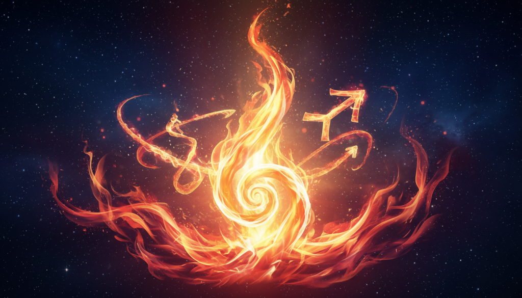 A vibrant representation of the fire element symbol, emphasizing its dynamic and passionate qualities. In the foreground, flames dance gracefully, their vivid orange and red hues illuminating the scene. In the middle ground, depict abstract shapes inspired by the Sagittarius zodiac sign, intertwining with sparks and embers to symbolize energy and enthusiasm. The background features a celestial night sky, with stars twinkling amidst a deep blue, creating a contrast with the fiery elements. The lighting is warm and ethereal, casting a glow that signifies warmth and inspiration. The overall mood is one of vitality and empowerment, reflecting the influence of the fire element on personality traits. Include a slightly angled perspective to enhance the sense of depth and movement in the composition.