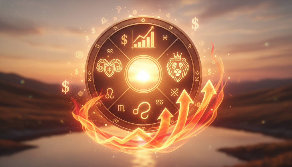 A vibrant representation of the "signo fuego," symbolizing the fire signs of the zodiac. In the foreground, a dynamic depiction of a stylized flame, embodying energy and passion with bright oranges, reds, and yellows swirling together. In the middle ground, an astrological wheel featuring the fire signs: Aries, Leo, and Sagittarius, each adorned with elements that represent their personalities—bravery, leadership, and enthusiasm. The background displays a serene sunset, casting a warm golden light that enhances the fiery theme. The composition should include a soft focus lens effect to create a dreamy atmosphere, evoking feelings of warmth and inspiration. The entire image should resonate with the essence of financial management and spirited energy, creating an inviting yet thoughtful mood.