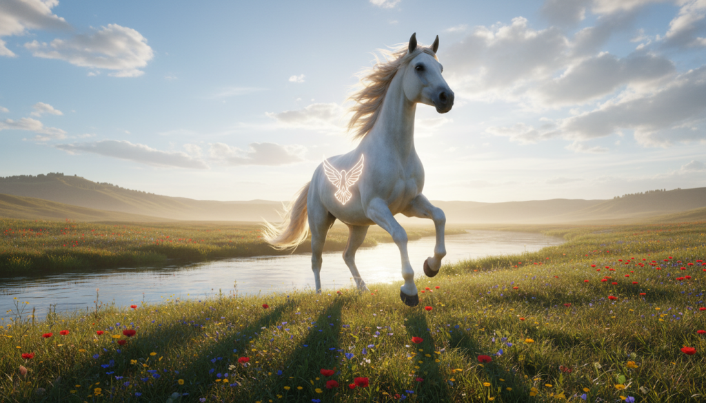 A vibrant scene representing the concept of "libertad signo" in a serene landscape. In the foreground, a majestic, free-spirited horse gallops through a sunlit meadow, symbolizing freedom and growth. The middle ground features a gently flowing river that reflects the clear blue sky, surrounded by lush green fields and wildflowers in bloom. In the background, rolling hills taper off into the distance under a vast, open sky, accentuated by soft, fluffy clouds. The lighting is warm and golden, capturing the essence of a hopeful, liberating moment. The atmosphere feels uplifting and invigorating, embodying the pursuit of freedom and personal growth. The composition should be framed from a low angle, emphasizing the horse's dynamic movement against the expansive backdrop.