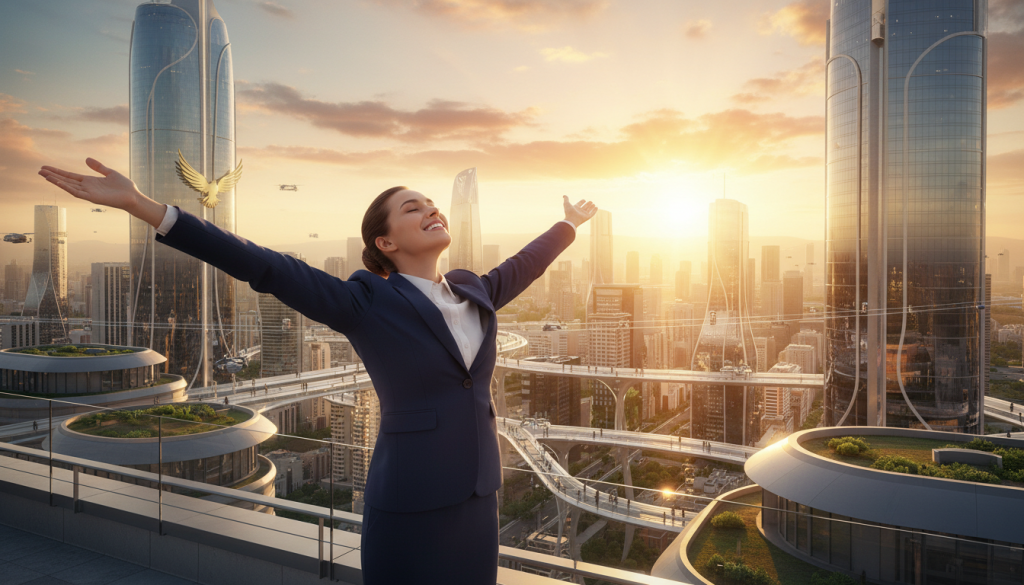 A vibrant scene representing the entrepreneurial spirit of freedom. In the foreground, a confident young entrepreneur in professional business attire stands with arms raised to the sky, symbolizing ambition and aspiration. The middle ground features a bustling city skyline, showcasing modern buildings and innovative architecture, emphasizing opportunity and growth. In the background, a sunrise casts warm golden light across the scene, creating a hopeful atmosphere. The lighting highlights the entrepreneur's determined expression, while soft shadows add depth. The overall mood is inspiring and empowering, inviting viewers to embrace their own financial strength and entrepreneurial journey.