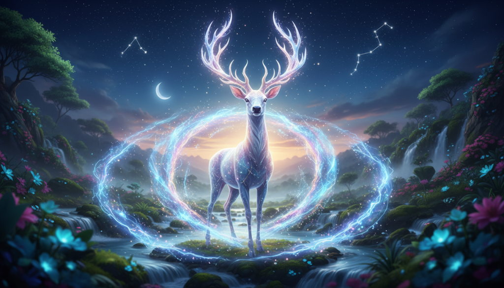 A vibrant scene showcasing the essence of "energy" through the representation of a Virgo spirit animal, depicted as a majestic, ethereal deer surrounded by swirling particles of light and energy. In the foreground, the deer stands tall, its antlers glowing with a soft luminescence, symbolizing strength and intuition. The middle layer features lush greenery and gentle streams, embodying a harmonious connection to nature. In the background, a starry night sky glimmers with constellations, forming a celestial backdrop that enhances the atmosphere of serenity and balance. The lighting is soft, suggestive of dawn, evoking a sense of new beginnings and inspiration. Capture this scene with a shallow depth of field, focusing on the deer while the surrounding landscape elegantly blurs, emphasizing the vibrant energy emanating from the spirit animal.