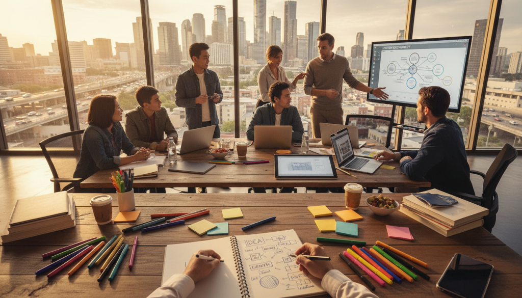 A vibrant workspace where innovation and creativity thrive, featuring a diverse group of professionals engaged in brainstorming sessions. Foreground: a close-up of hands sketching ideas on a notepad, surrounded by colorful markers and sticky notes. Middle: a collaborative table filled with laptops, books, and a digital tablet displaying an inspiring project. Background: large windows letting in natural light, overlooking a bustling city skyline, enhancing the atmosphere of progress. The scene is bathed in warm, inviting lighting that conveys excitement and possibility. The camera angle is slightly overhead, creating an immersive view of teamwork and creativity in action. The mood is energetic and inspiring, showcasing the importance of innovation in professional growth.