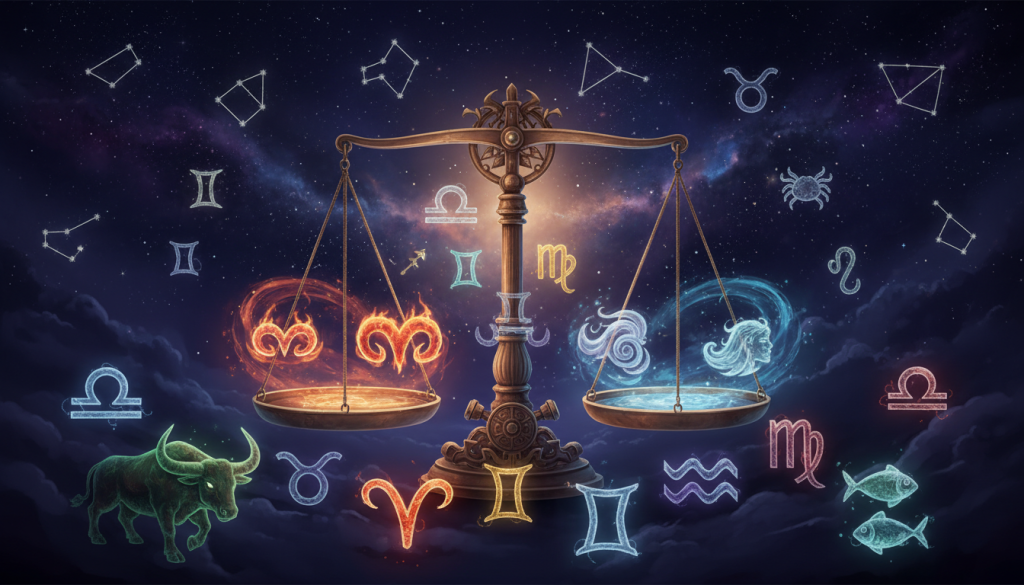 A vibrant zodiac-themed illustration showcasing the ambition levels of various astrological signs. In the foreground, represent each zodiac sign as an abstract symbol, glowing with distinct colors reflective of their personality traits—Taurus robust and earthy, Aries fiery and energetic, Libra balanced and serene. In the middle ground, depict a celestial scale balancing the signs, each symbol illustrated with intricate details to express dynamism and ambition. The background features a starry night sky, with constellations prominently displayed, casting a soft glow and enhancing the mystical atmosphere. Use warm and cool lighting contrasts to create depth, employing a wide-angle lens to capture the expansive scene with a sense of wonder and cosmic energy. The overall mood should be inspirational and thought-provoking, inviting the viewer to reflect on the ambition of each sign.