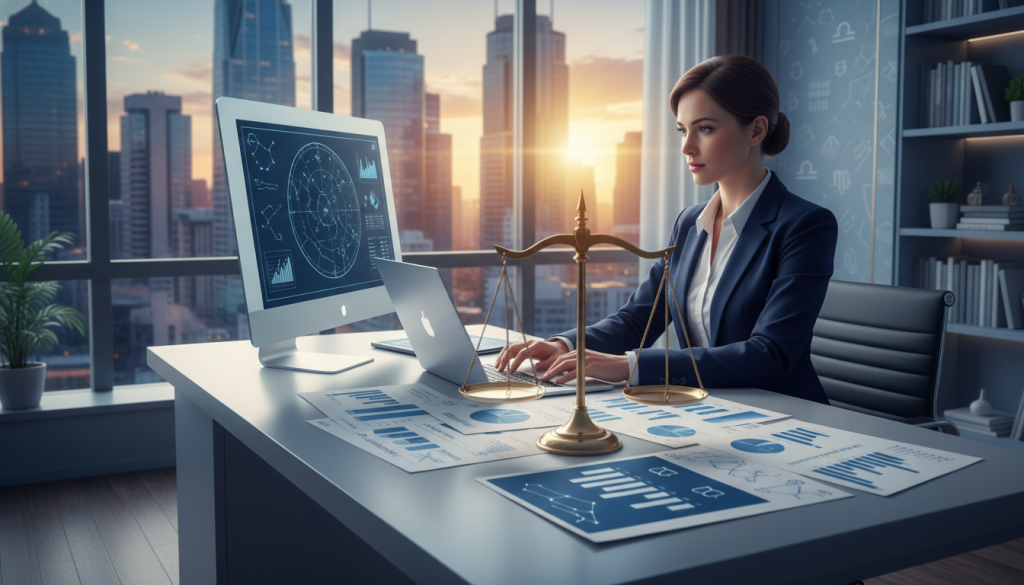 A vibrant zodiac-themed workspace showcasing the Libra sign, symbolized by the scales, prominently displayed on a modern desk. In the foreground, a confident businesswoman in smart attire is analyzing data on a laptop, reflecting determination. The middle features the Libra symbol surrounded by charts and notes about business strategies. In the background, a large window reveals a city skyline at sunset, casting warm, golden light into the room. The atmosphere is motivational and focused, with a sense of balance and harmony in the color palette of blues and golds. The lens captures a slightly angled perspective to emphasize both the desk and the serene background, enhancing the mood of thoughtful decision-making and entrepreneurial spirit.