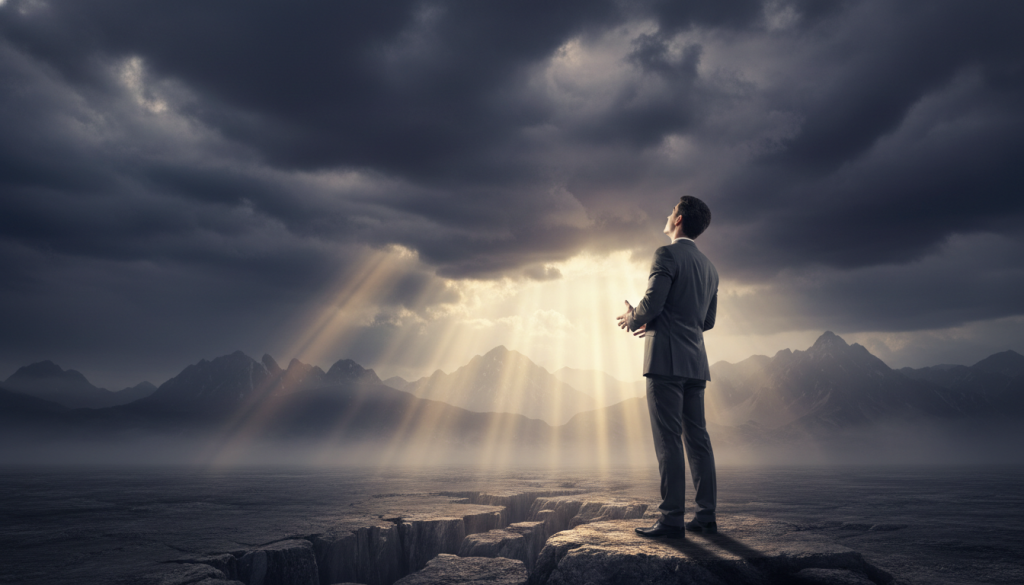 A visual depiction of emotional challenges that hinder personal growth, portrayed in a symbolic landscape. In the foreground, a lone figure dressed in professional business attire stands on a rocky terrain, gazing upward with a look of contemplation and determination. In the middle ground, swirling dark clouds represent inner turmoil, while beams of soft, golden light break through, symbolizing hope and potential. The background features a distant mountain range, shrouded in mist, suggesting the obstacles and ambitions yet to be achieved. Utilize a dramatic lighting effect, capturing the contrast between shadows and light, to evoke a sense of struggle and aspiration. The overall mood should be introspective, reflecting the complexity of emotional challenges with an aura of resilience.