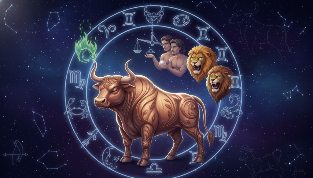 A visually appealing zodiac comparison featuring the Taurus sign in a prominent foreground position, depicted as a sturdy, calm bull symbolizing stability. Surrounding Taurus, include the other zodiac signs in a circle, each represented by their symbolic animals or icons, such as a lion for Leo, twins for Gemini, and so on, showcasing contrasting emotions, particularly jealousy and envy. The background should have a dreamy, starry night sky with subtle glimmers of constellations associated with each sign, creating an ethereal atmosphere. Soft lighting should enhance the sense of connection between the various signs, and the angle should be slightly elevated to provide a clear view of each sign's representation. The overall mood should be thoughtful and introspective, inviting contemplation of astrological relationships without any text or distractions.