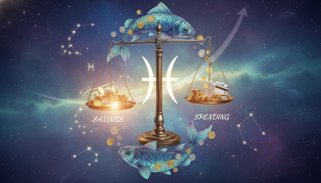 A visually captivating representation of the astrological sign Pisces, creatively merged with financial symbols such as coins, graphs, and scales. In the foreground, display the twin fish of Pisces gracefully swimming, their scales shimmering in shades of blues and greens. The middle ground features a balanced scale depicting savings on one side and spending on the other, accented with soft golden light. In the background, include a dreamy, celestial landscape with constellations, subtly hinting at the zodiac. Use a wide-angle lens to capture the ethereal depth, with soft, diffused lighting to create a calm and reflective atmosphere, emphasizing the balance between saving and spending, while maintaining a professional and artistic feel.