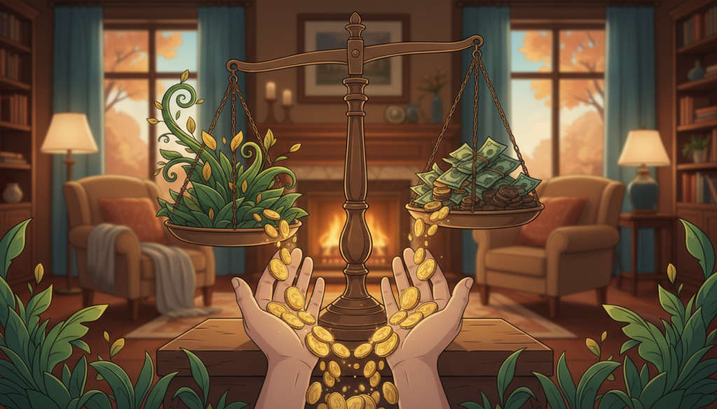 A visually striking illustration focusing on the theme of "generosity and money". In the foreground, a pair of open hands, gently offering a cascade of shining gold coins and dollar bills, conveying a sense of giving and abundance. The middle ground features a balanced scale, one side filled with vibrant green plants symbolizing growth and prosperity, while the other holds crumpled money, representing financial constraints. In the background, a warm, inviting room with soft, golden lighting creating a cozy atmosphere. The lens should capture the scene from a slightly elevated angle, creating depth and emphasizing the contrasting elements of wealth and benevolence. The mood should be optimistic and reflective, encouraging viewers to consider the impact of generosity on finances.