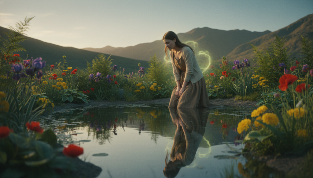 A visually striking image depicting the concept of envy, represented by the astrological sign Virgo, set in a serene environment. In the foreground, a graceful Virgo figure, dressed in modest casual clothing, is contemplatively observing her reflection in a calm pond, symbolizing comparison. In the middle ground, lush greenery and colorful flowers thrive, contrasting her shimmery aura of self-doubt. The background features soft, blurred mountains bathed in warm, golden sunlight, evoking a sense of tranquility and introspection. The atmosphere should reflect a slight tension, with the lighting casting gentle shadows that enhance the emotional weight of the scene. The composition captures the internal struggle of envy while maintaining an overall sense of serenity and beauty.