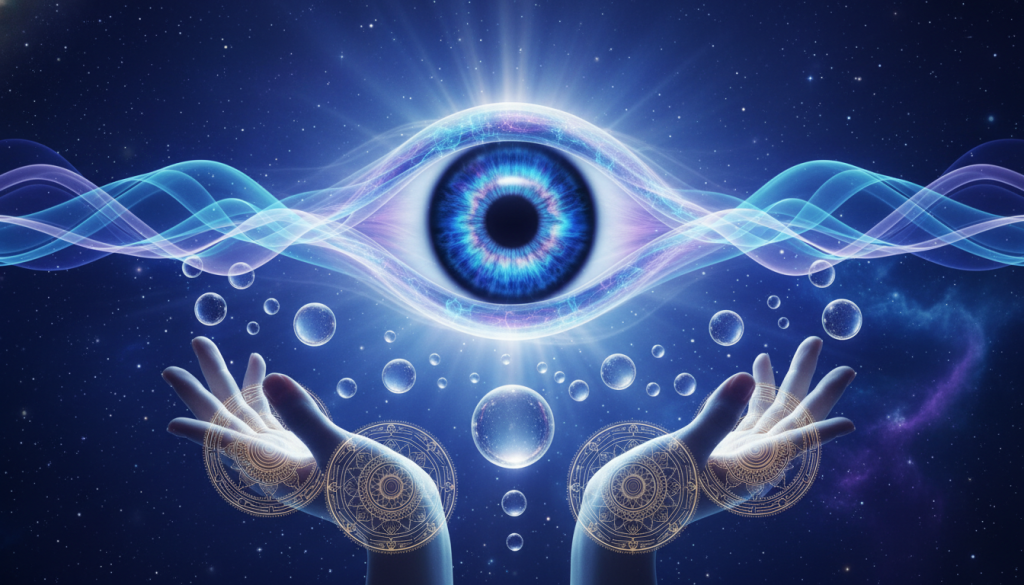 A vivid depiction of the third eye chakra, featuring a large, glowing indigo eye at the center, surrounded by shimmering energy waves in varying shades of blue and purple. In the foreground, gentle hands are positioned in a meditative gesture, with intricate mandala patterns forming around them. The middle ground showcases ethereal orbs of light, symbolizing intuition and clarity, floating gracefully. The background is a serene cosmic landscape filled with soft stars and a deep indigo sky, enhancing the sense of intuition and tranquility. Soft, diffused lighting bathes the scene, creating an ethereal glow. The atmosphere is peaceful and contemplative, inviting viewers to explore their inner wisdom and connection to their intuition. No text or symbols are present in the image.