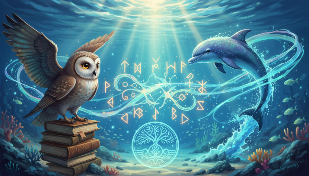 A vivid illustration depicting the differences between traditional and spiritual animal symbols. In the foreground, two distinct animal figures—a wise owl symbolizing traditional wisdom and a vibrant dolphin representing spiritual freedom—interact harmoniously. In the middle ground, a subtle blend of symbols like ancient runes and ethereal light patterns swirl around them, symbolizing the transition from conventional to spiritual meanings. The background features a serene underwater landscape with soft beams of sunlight filtering through the water, creating an ethereal glow. The overall atmosphere is tranquil and enlightening, with a balanced color palette of blues and greens, emphasizing a connection to nature and spirituality. The lighting is soft and diffused, enhancing the dreamlike quality of the scene while avoiding sharp contrasts. A vivid illustration depicting the differences between traditional and spiritual animal symbols. In the foreground, two distinct animal figures—a wise owl symbolizing traditional wisdom and a vibrant dolphin representing spiritual freedom—interact harmoniously. In the middle ground, a subtle blend of symbols like ancient runes and ethereal light patterns swirl around them, symbolizing the transition from conventional to spiritual meanings. The background features a serene underwater landscape with soft beams of sunlight filtering through the water, creating an ethereal glow. The overall atmosphere is tranquil and enlightening, with a balanced color palette of blues and greens, emphasizing a connection to nature and spirituality. The lighting is soft and diffused, enhancing the dreamlike quality of the scene while avoiding sharp contrasts.
