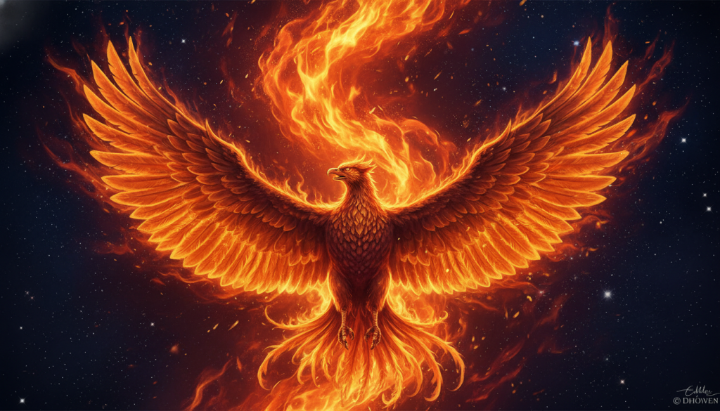A vivid representation of the elemental force of fire in a dynamic and vibrant scene. In the foreground, a majestic phoenix rises with its wings spread wide, feathers ablaze with molten orange, red, and gold tones, symbolizing vitality and rebirth. In the middle ground, swirling flames dance and intertwine, creating a sense of movement and energy, with small embers floating upwards. The background features a starry night sky, hinting at the cosmos, with distant constellations twinkling softly. The lighting is dramatic, casting flickering shadows that enhance the warmth and intensity of the fire. The atmosphere is both powerful and inspiring, inviting viewers to connect with the element of fire and its life-affirming qualities.