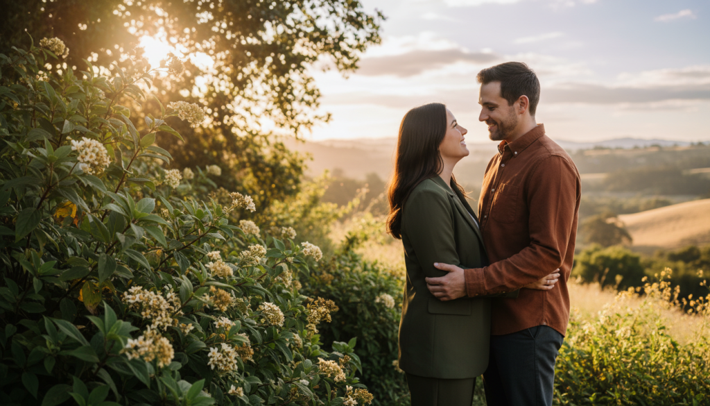 A warm and intimate scene depicting two individuals engaged in a gentle embrace, conveying the essence of physical contact. In the foreground, the couple stands close, showcasing their warm smiles and soft gaze towards each other, dressed in modest, professional attire that reflects Earthy tones. In the middle ground, lush greenery symbolizes Taurus's connection to nature, with delicate flowers softly illuminated by golden, late afternoon sunlight filtering through the leaves. In the background, a serene landscape features rolling hills, enhancing the connection to earthiness and stability associated with Taurus. The atmosphere is calm and affectionate, evoking feelings of trust and love as the couple shares this moment of physical closeness. The composition is captured at eye level with a slightly blurred background to emphasize the couple in focus.