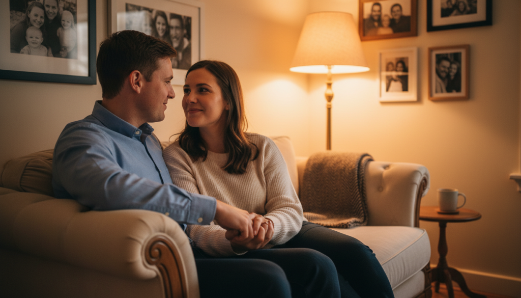 A warm and intimate scene depicting two individuals sitting close together on a cozy sofa, showcasing deep emotional connection and loyalty in their personal relationship. The foreground features their intertwined hands resting on the armrest of the sofa, symbolizing trust. In the middle ground, the couple gazes into each other's eyes, dressed in smart casual attire that reflects comfort and professionalism. The background has soft, ambient lighting with family photos on the wall, emphasizing warmth and stability. A gentle glow from a nearby lamp illuminates the scene, creating a serene and inviting atmosphere, evoking feelings of security and devotion in relationships. The overall mood is heartfelt and reassuring. A warm and intimate scene depicting two individuals sitting close together on a cozy sofa, showcasing deep emotional connection and loyalty in their personal relationship. The foreground features their intertwined hands resting on the armrest of the sofa, symbolizing trust. In the middle ground, the couple gazes into each other's eyes, dressed in smart casual attire that reflects comfort and professionalism. The background has soft, ambient lighting with family photos on the wall, emphasizing warmth and stability. A gentle glow from a nearby lamp illuminates the scene, creating a serene and inviting atmosphere, evoking feelings of security and devotion in relationships. The overall mood is heartfelt and reassuring.