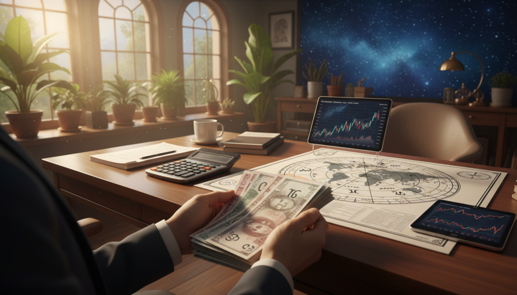 A warm and inviting office setting, showcasing a beautifully designed workspace. In the foreground, a pair of hands holding a stack of colorful currency notes, symbolizing financial management, adorned with astrological symbols subtly inked onto the bills. The middle ground features a stylish modern desk with a calculator, financial documents, and an astrological chart open, with soft natural light streaming through large windows. In the background, soft potted plants and a starry night sky outside hint at celestial influence on financial matters. The mood is calm and focused, portraying a harmonious combination of finance and astrology, emphasizing compatibility. The scene is well-lit with a soft, diffused light, captured at a gentle upward angle for an inviting perspective.