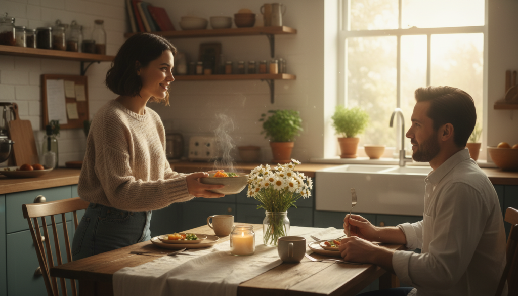 A warm and inviting scene depicting acts of service as a demonstration of love. In the foreground, a couple engages in a thoughtful, tender moment—one person is handing a delicious home-cooked meal to the other, who is seated at a beautifully set table. Both are dressed in modest casual clothing, exuding warmth and care. In the middle ground, a cozy kitchen is visible with soft, natural lighting creating an intimate atmosphere. Fresh flowers and personal touches decorate the space, emphasizing the theme of care and love. In the background, sunlight filters through a window, casting gentle shadows and enhancing the nurturing mood. The overall ambiance is heartfelt and inviting, encapsulating the essence of love through acts of service without any distractions or text.