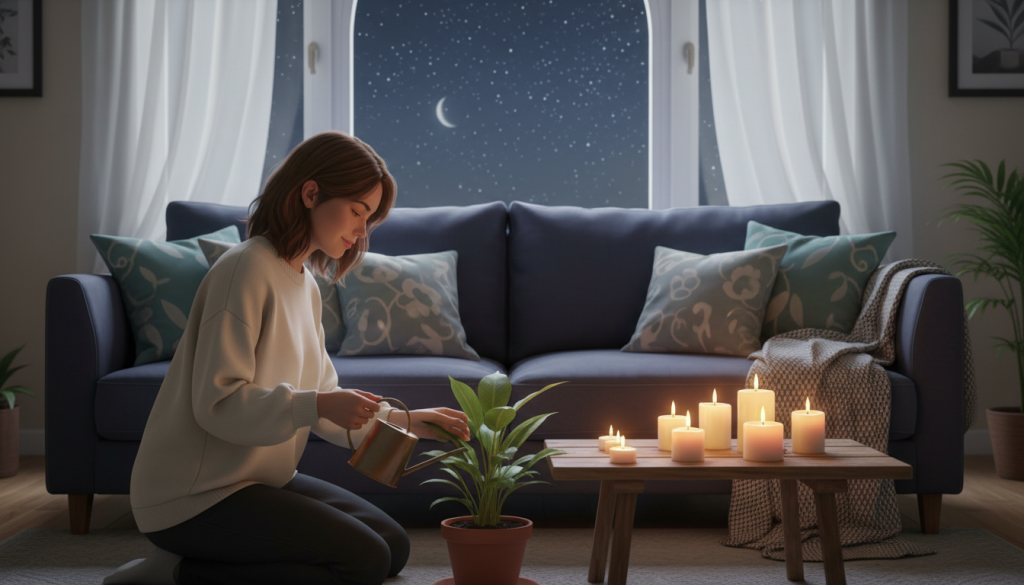 A warm and inviting scene that captures the affectionate nature of a Pisces individual, depicting a cozy living room setting illuminated by soft, ambient lighting. In the foreground, a person, dressed in modest casual clothing, is lovingly tending to a small potted plant, symbolizing nurturing and care. In the middle ground, a comfortable couch adorned with plush cushions invites relaxation, surrounded by lit candles that cast a gentle glow. In the background, a window reveals a serene night sky filled with stars, enhancing the dreamy atmosphere. The overall mood is soothing and intimate, reflecting the emotional depth and compassion of Pisces in everyday life, inviting viewers to feel the warmth of affection and connection.