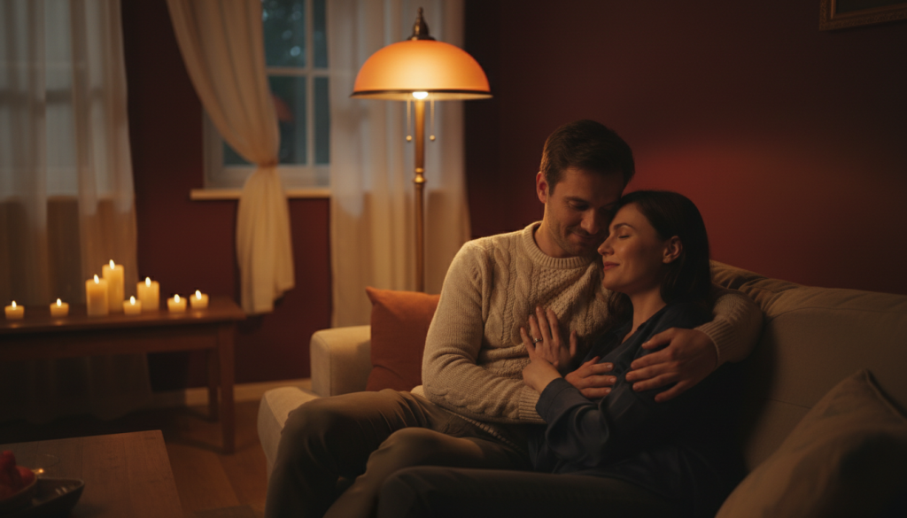 A warm, intimate scene depicting a couple in a softly lit room, embodying the essence of closeness and affection associated with Scorpio. In the foreground, a man and woman are sitting closely on a plush sofa, sharing a quiet moment with gentle smiles, dressed in modest casual clothing. The middle ground features a dimly lit floor lamp casting a warm glow over the couple, enhancing the atmosphere of intimacy. In the background, a few candles flicker, casting soft shadows on the walls, while delicate curtains billow slightly, suggesting a light breeze. The overall mood is tender and intimate, with a focus on connection and emotional warmth, captured from a slightly elevated angle to emphasize their closeness and the cozy environment.