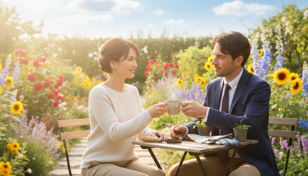 A warm, inviting scene depicting two individuals engaged in meaningful acts of service. In the foreground, a woman in modest casual clothing smiles as she holds a steaming cup of tea, offering it to her partner, a man in professional business attire, who is seated at a small table filled with gardening tools. In the middle ground, a vibrant garden blossoms with colorful flowers, reflecting a sense of care and nurturing. The background features a bright blue sky with soft, fluffy clouds, casting gentle sunlight that enhances the uplifting atmosphere. The overall mood is warm and affectionate, emphasizing connection and the joy of service in relationships. Use a soft focus to create a dreamy effect, evoking feelings of love and support. A warm, inviting scene depicting two individuals engaged in meaningful acts of service. In the foreground, a woman in modest casual clothing smiles as she holds a steaming cup of tea, offering it to her partner, a man in professional business attire, who is seated at a small table filled with gardening tools. In the middle ground, a vibrant garden blossoms with colorful flowers, reflecting a sense of care and nurturing. The background features a bright blue sky with soft, fluffy clouds, casting gentle sunlight that enhances the uplifting atmosphere. The overall mood is warm and affectionate, emphasizing connection and the joy of service in relationships. Use a soft focus to create a dreamy effect, evoking feelings of love and support.